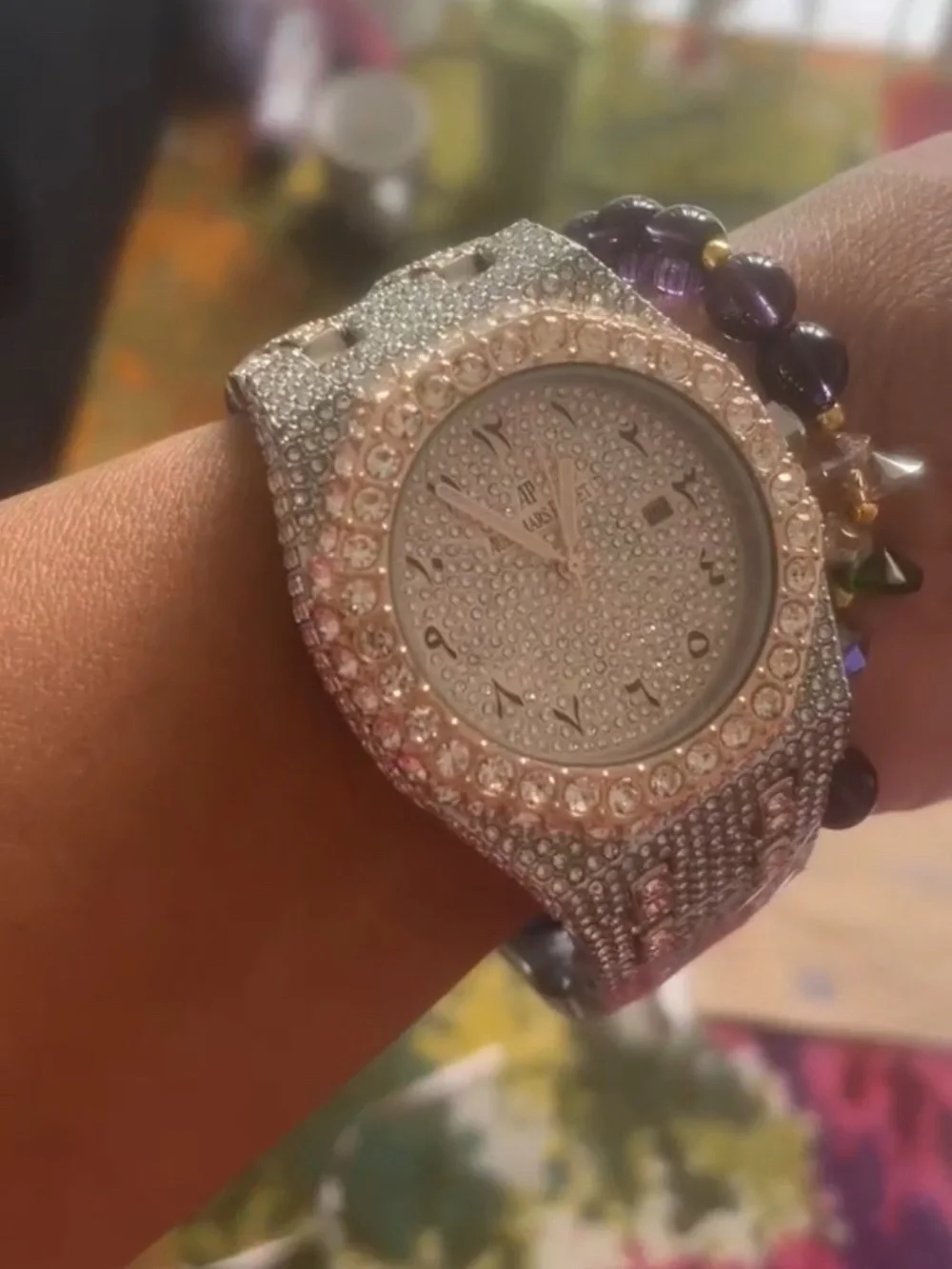 Iced Out Diamond Bracelet Watch Band - Silver & Rose Gold Accent